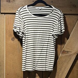 Green Envelope Striped Short Sleeve Top - Olive and White